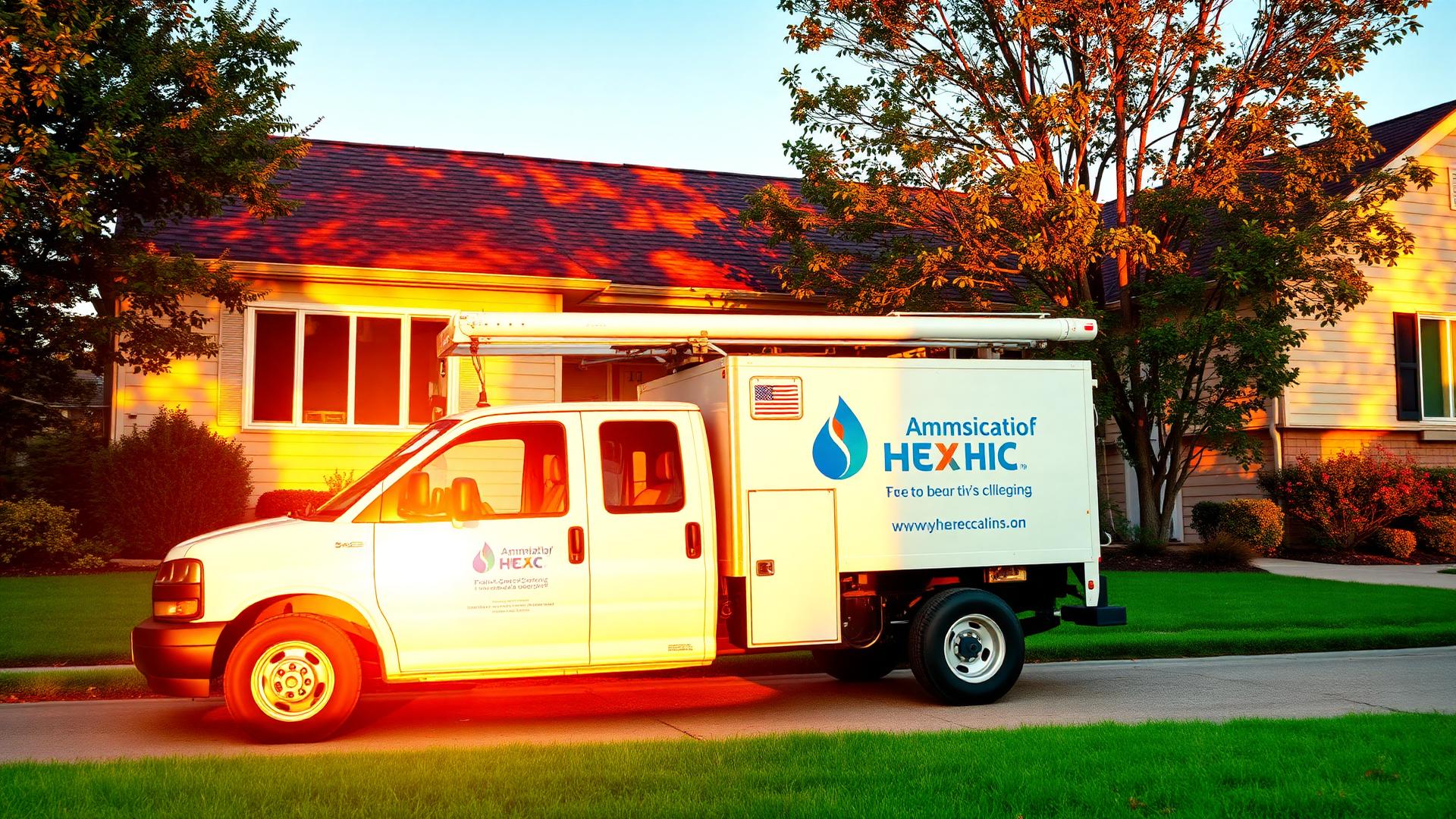 HVAC service truck outside a home at golden hour
